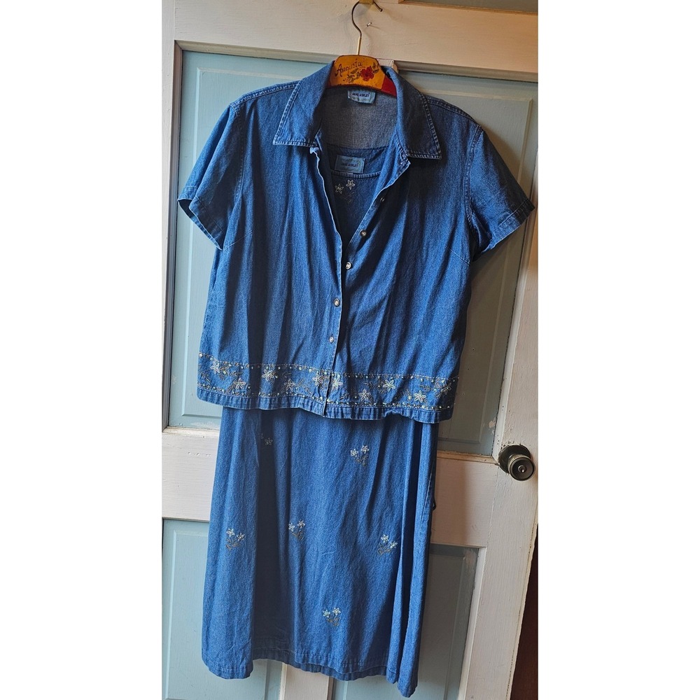 Jane Ashley Vintage Denim Dress and Jacket Set DAMAGED Floral Embroidered